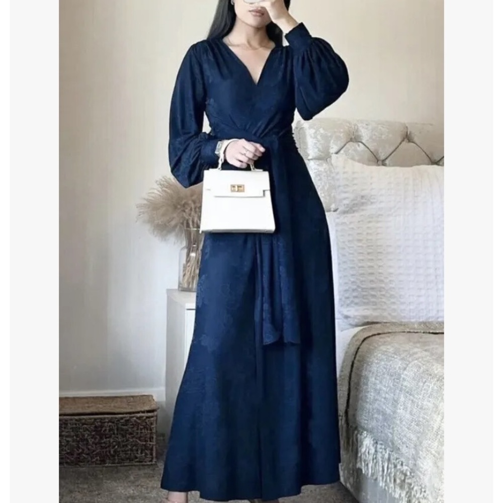 Zara long jacquard dress navy blue - size Large - Picture 10 of 11
